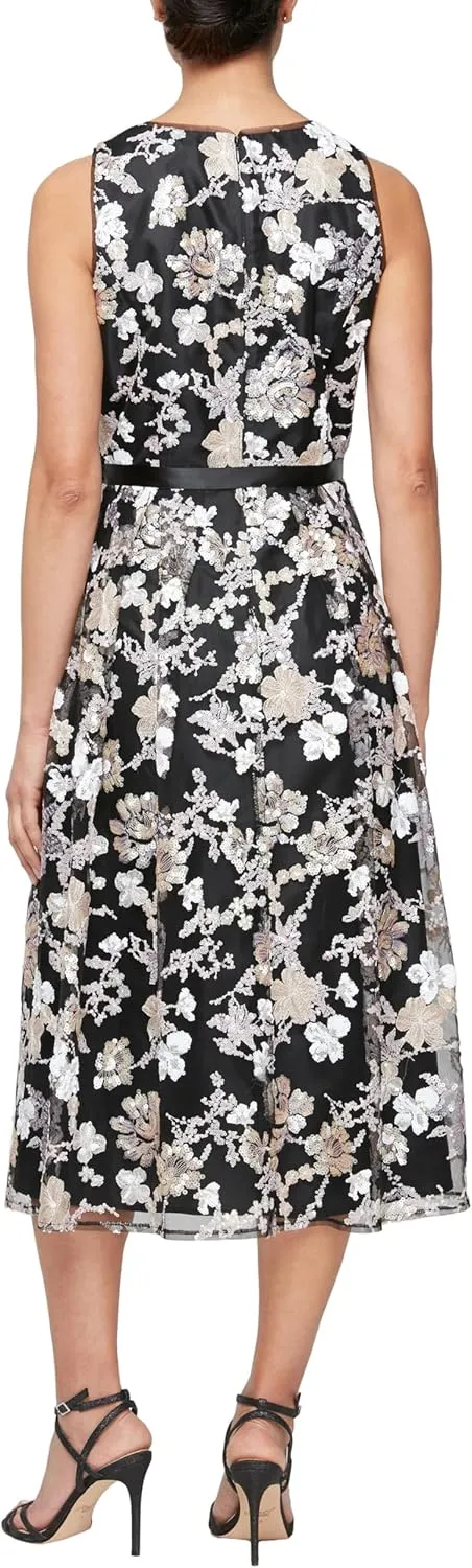 Alex Evenings Women's Sleeveless Midi Dress with Elegant Embroidery, Full Skirt and Tie Belt (Petite and Regular Sizes)