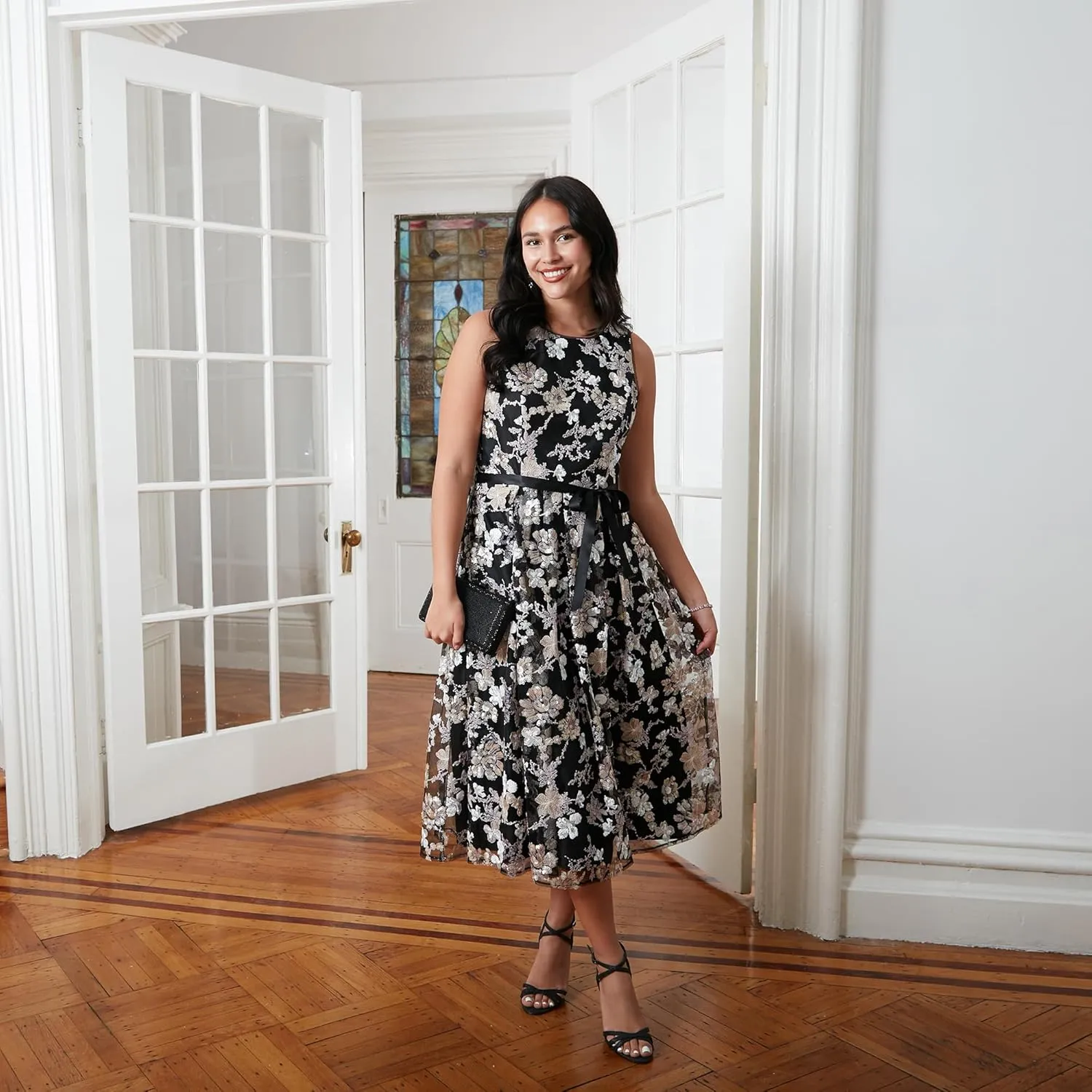 Alex Evenings Women's Sleeveless Midi Dress with Elegant Embroidery, Full Skirt and Tie Belt (Petite and Regular Sizes)
