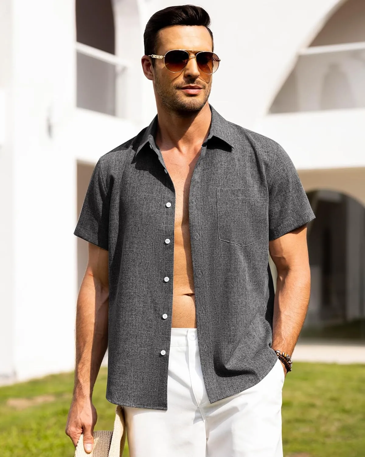 Alimens & Gentle Mens Linen Shirts Short Sleeve Button Down Shirts Wrinkle Free Casual Vacation Beach Summer Tops