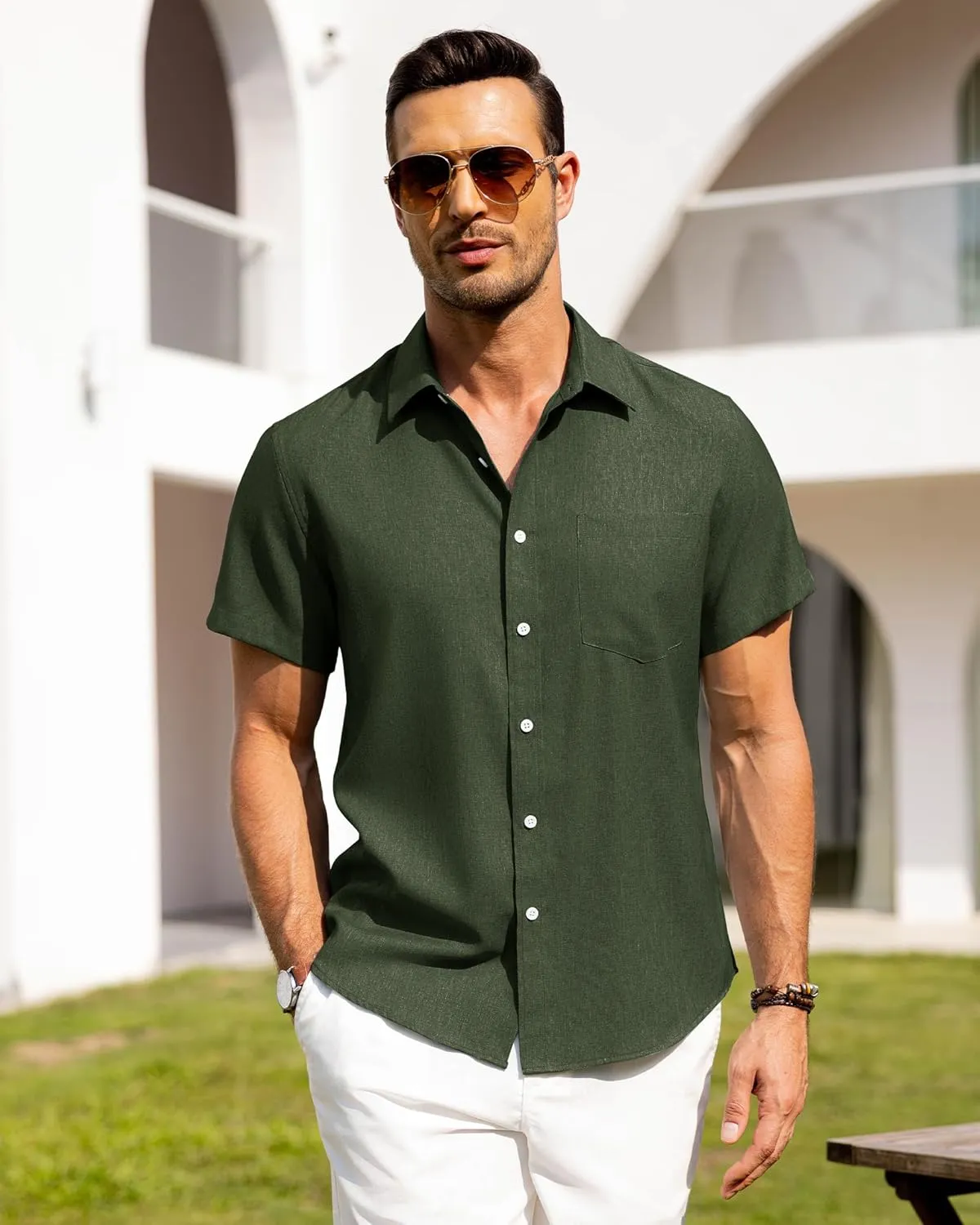 Alimens & Gentle Mens Linen Shirts Short Sleeve Button Down Shirts Wrinkle Free Casual Vacation Beach Summer Tops