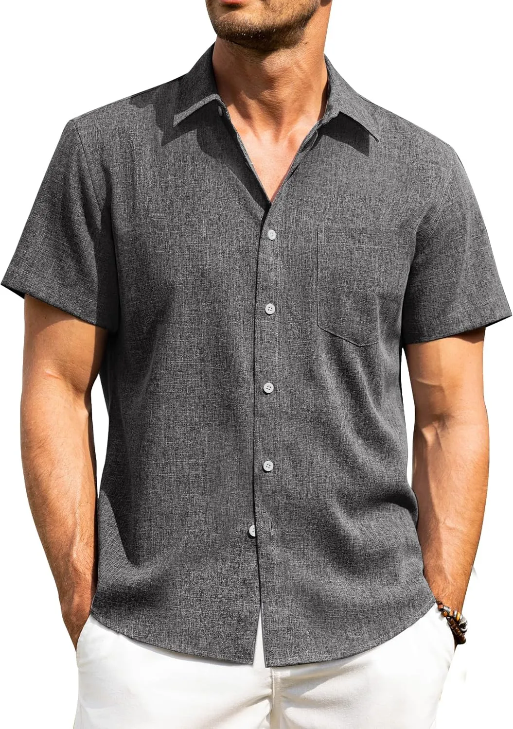 Alimens & Gentle Mens Linen Shirts Short Sleeve Button Down Shirts Wrinkle Free Casual Vacation Beach Summer Tops