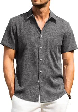 Alimens & Gentle Mens Linen Shirts Short Sleeve Button Down Shirts Wrinkle Free Casual Vacation Beach Summer Tops
