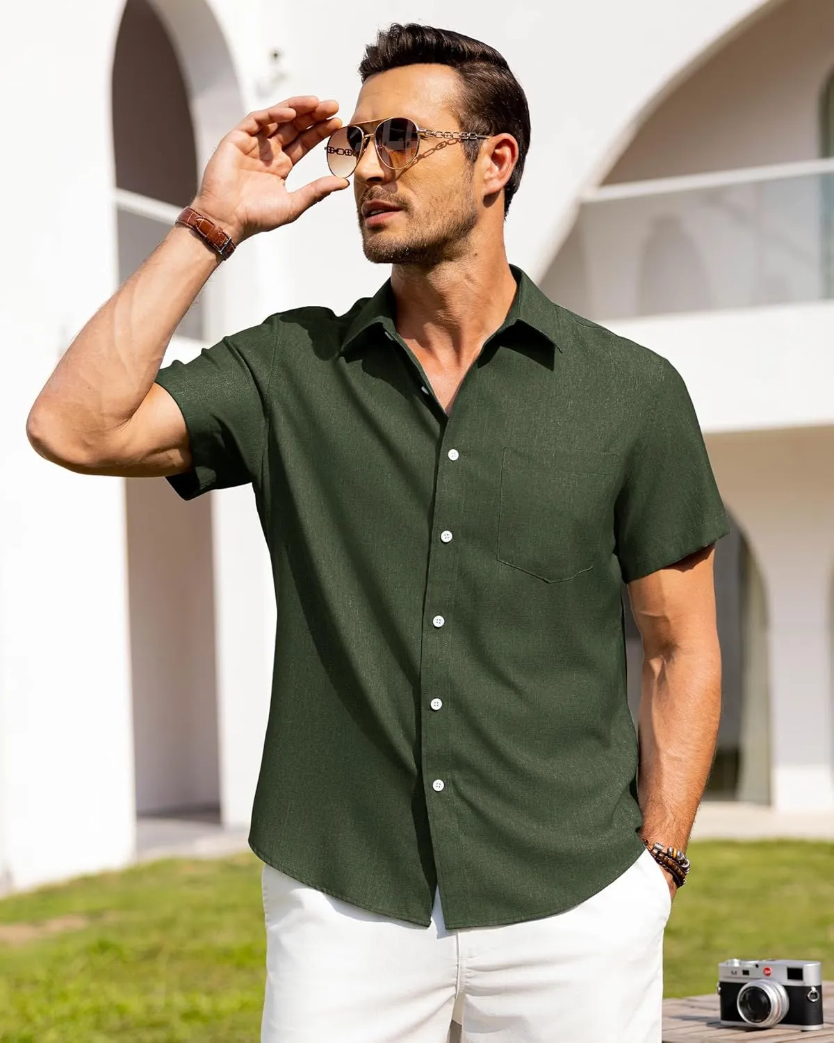 Alimens & Gentle Mens Linen Shirts Short Sleeve Button Down Shirts Wrinkle Free Casual Vacation Beach Summer Tops