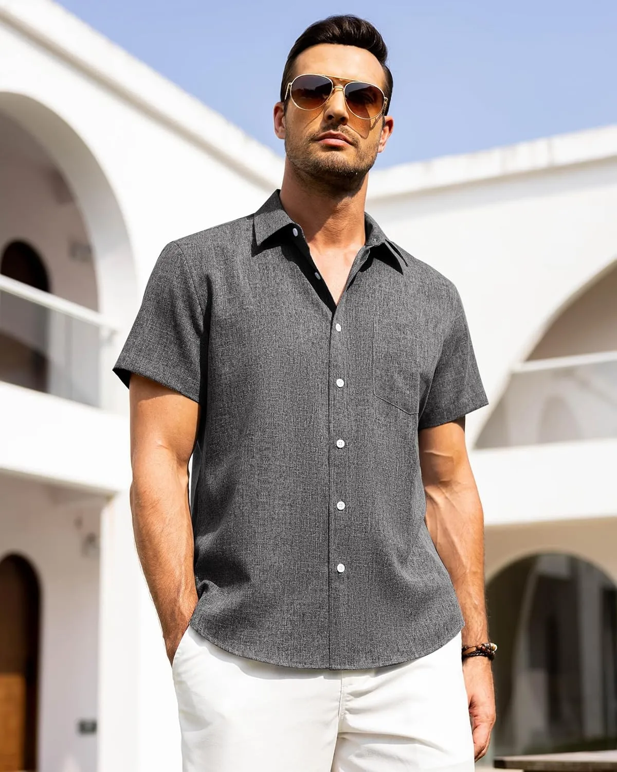 Alimens & Gentle Mens Linen Shirts Short Sleeve Button Down Shirts Wrinkle Free Casual Vacation Beach Summer Tops