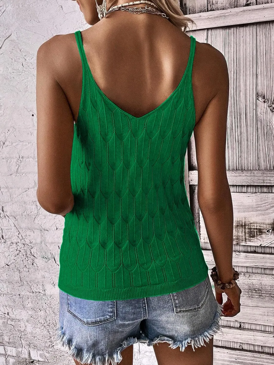 Allimy Womens Pointelle Knit Top V Neck Strappy Tank Tops Summer Sleeveless Blouses Shirts Tops