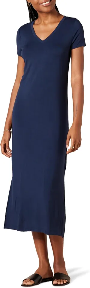 Amazon Essentials Women's Jersey V-Neck Short Sleeve Midi Length Dress