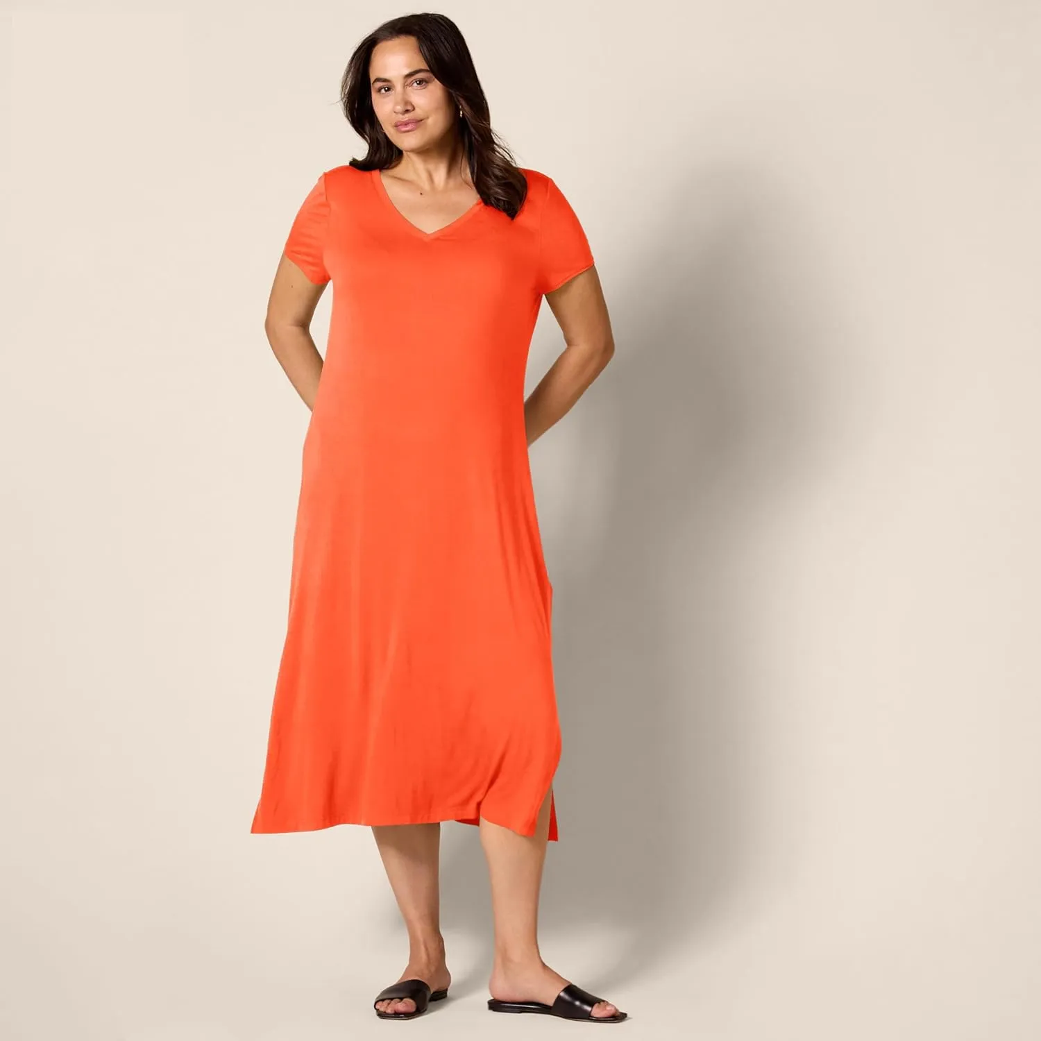 Amazon Essentials Women's Jersey V-Neck Short Sleeve Midi Length Dress