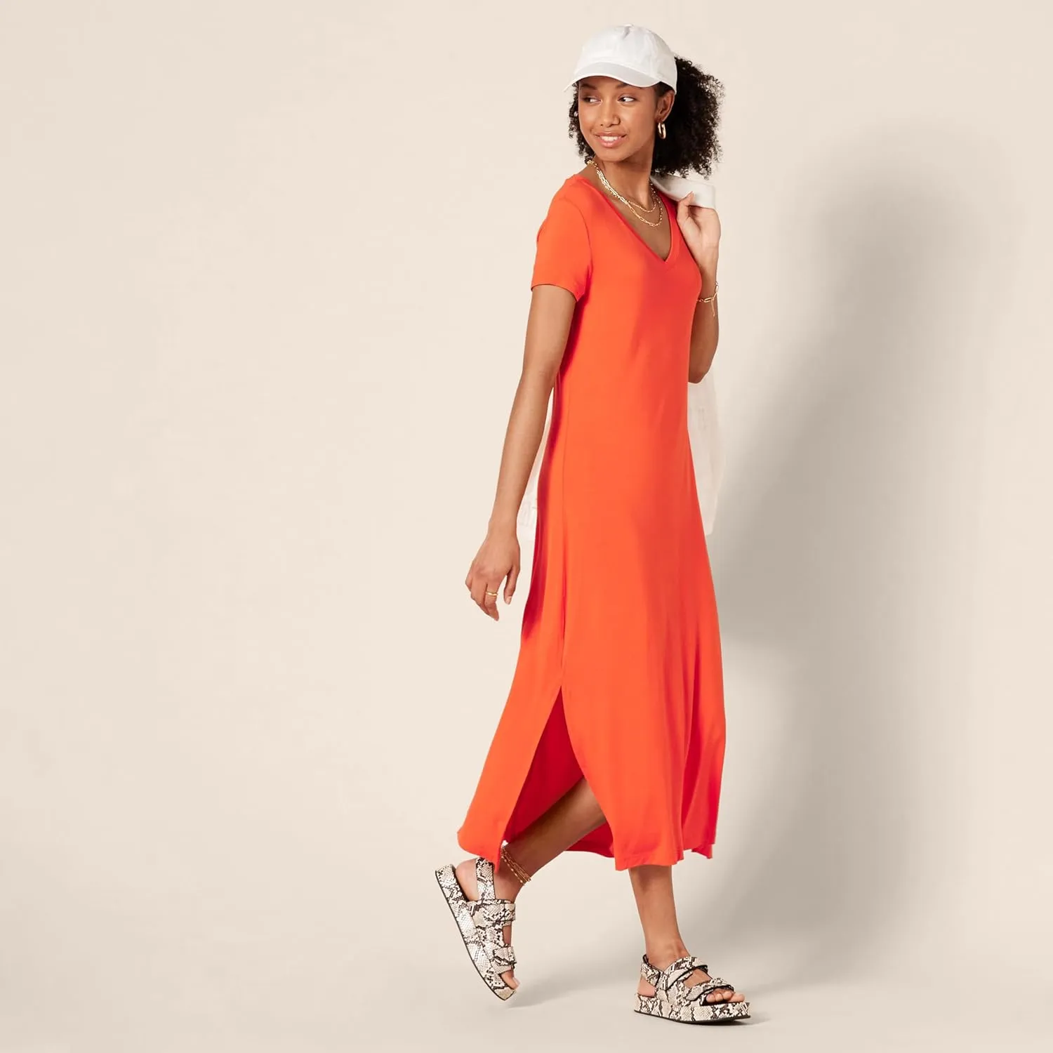 Amazon Essentials Women's Jersey V-Neck Short Sleeve Midi Length Dress