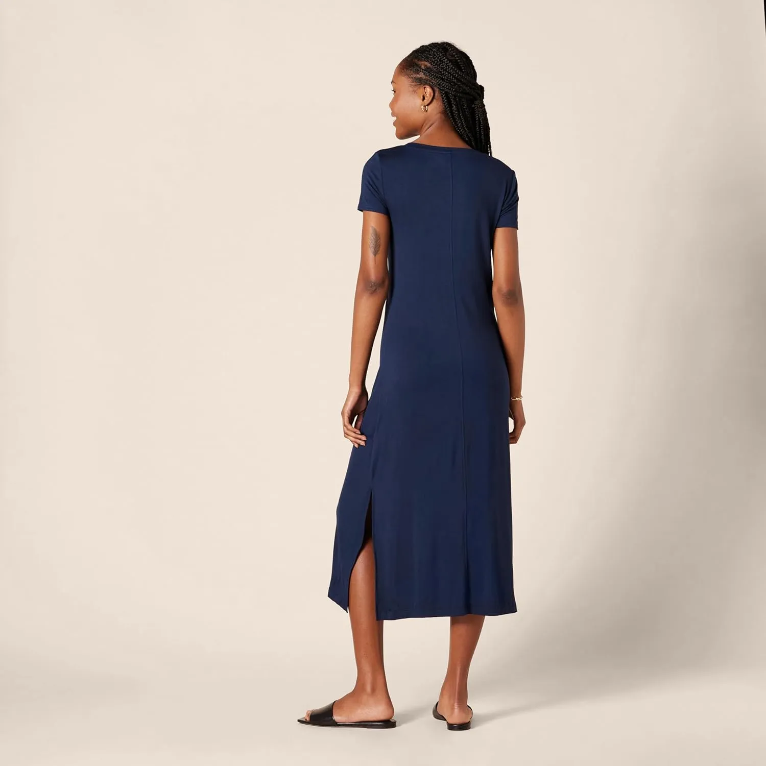 Amazon Essentials Women's Jersey V-Neck Short Sleeve Midi Length Dress