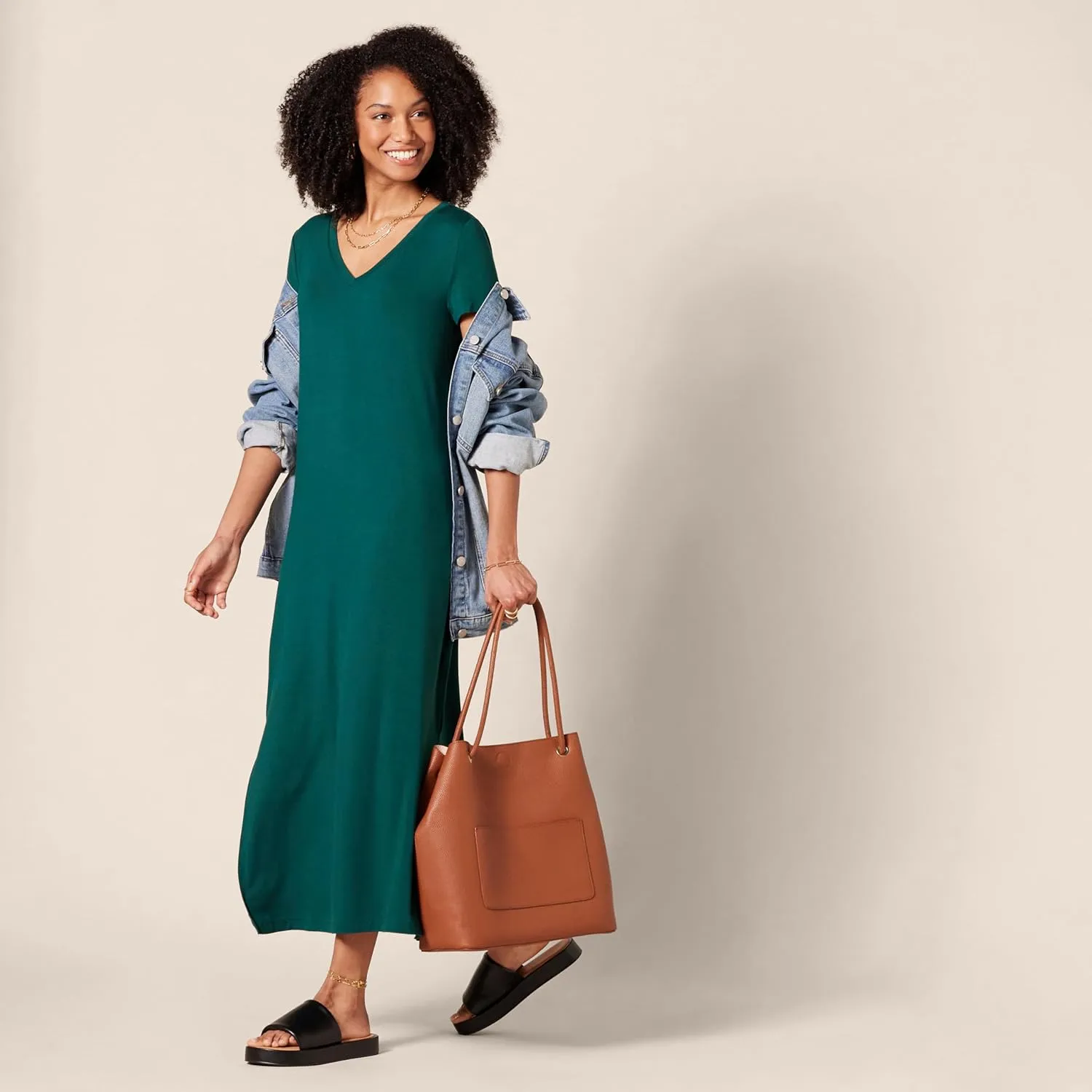 Amazon Essentials Women's Jersey V-Neck Short Sleeve Midi Length Dress