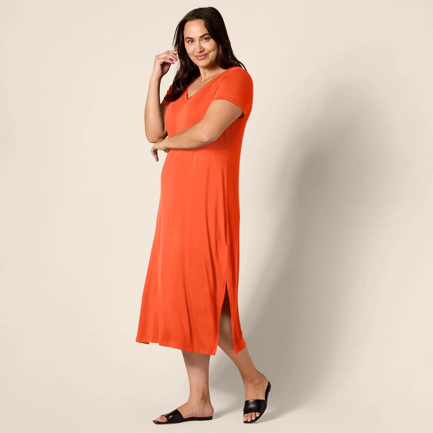 Amazon Essentials Women's Jersey V-Neck Short Sleeve Midi Length Dress