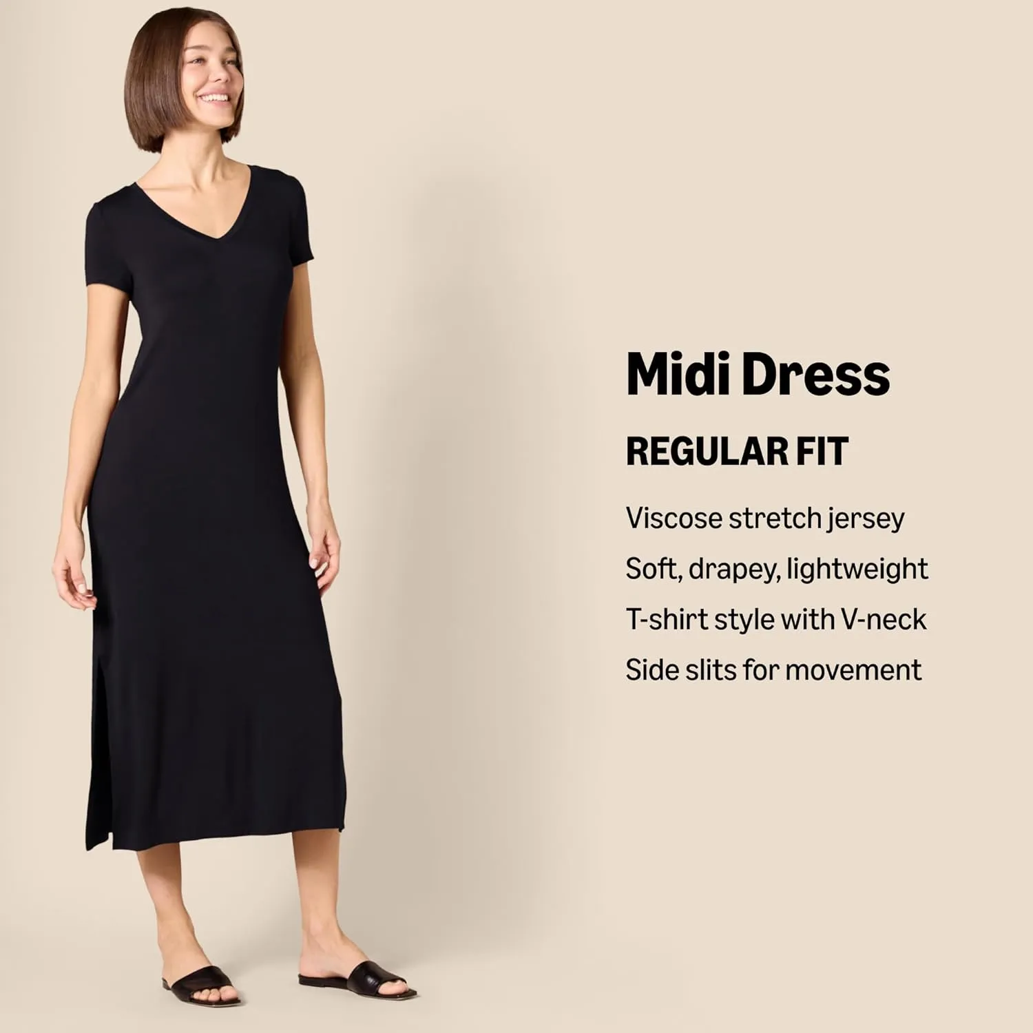 Amazon Essentials Women's Jersey V-Neck Short Sleeve Midi Length Dress
