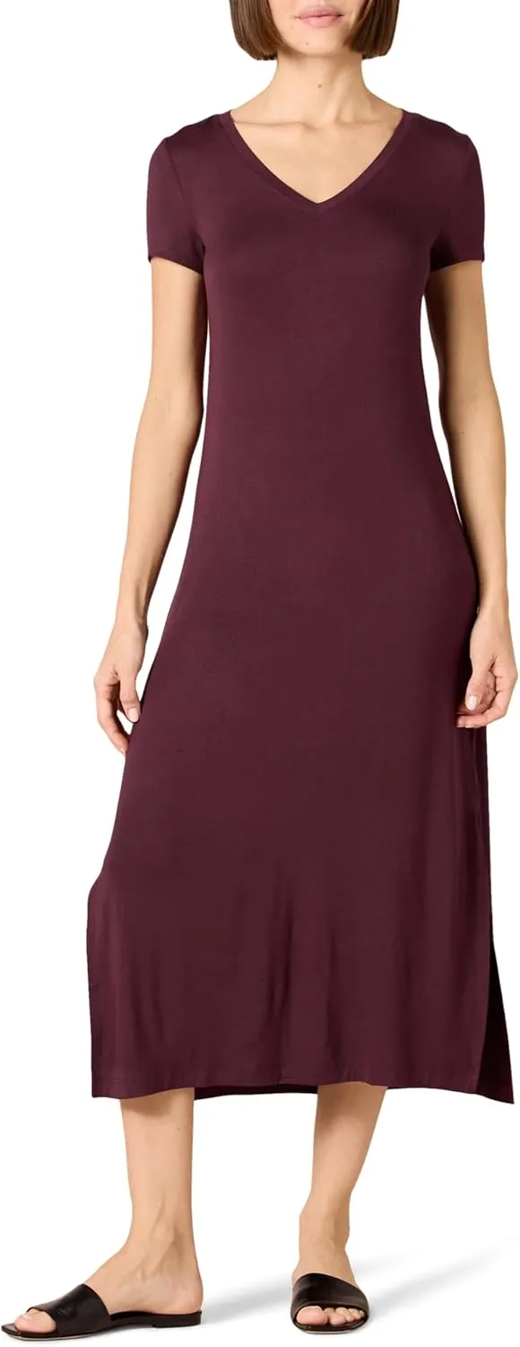 Amazon Essentials Women's Jersey V-Neck Short Sleeve Midi Length Dress