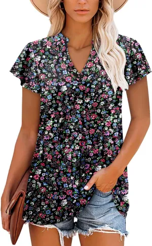 Angerella Womens Summer Dressy Casual Blouses Short Sleeve V Neck T-Shirts Tunic Tops for Leggings