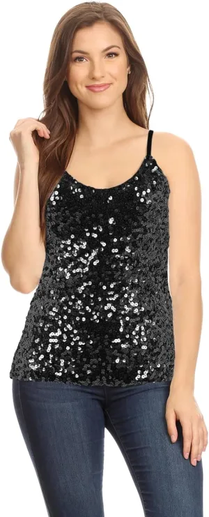 Anna-Kaci Womens Shimmer Sequins Club Spaghetti Strap Camisole Vest Tank Tops