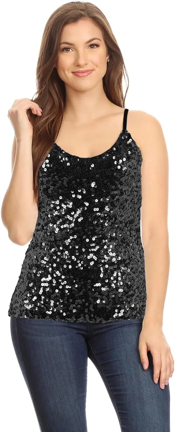 Anna-Kaci Womens Shimmer Sequins Club Spaghetti Strap Camisole Vest Tank Tops