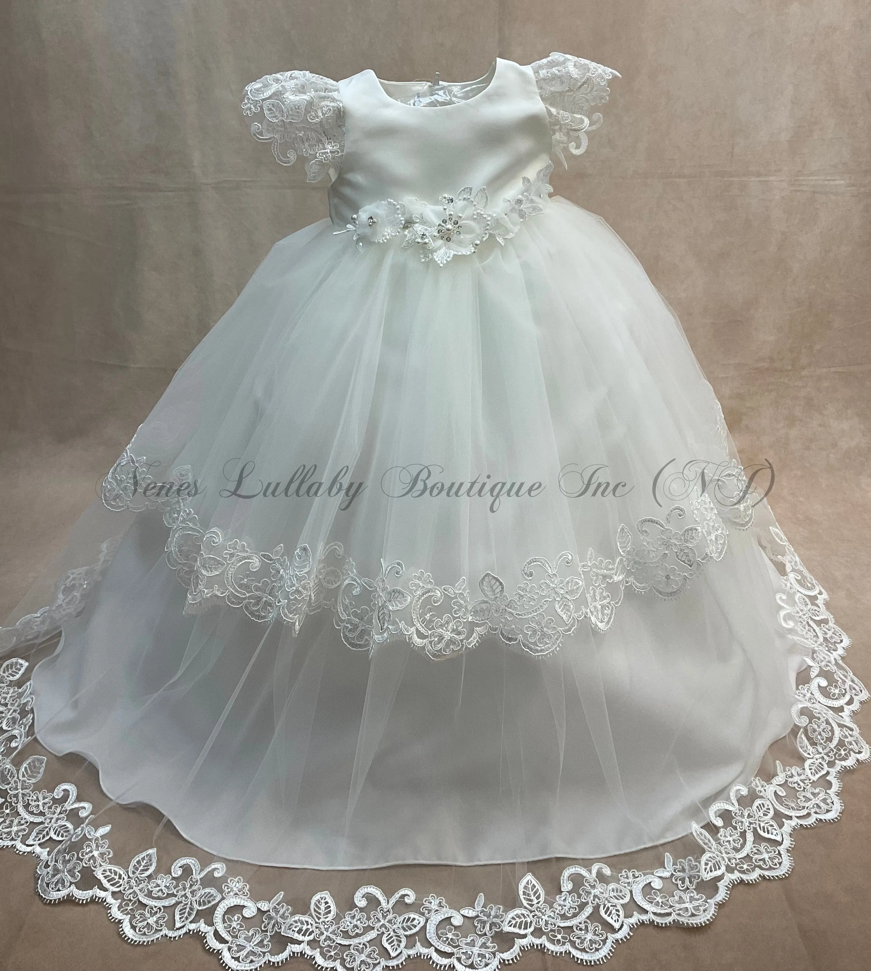 Anneliese  diamond white Christening gown with   tulle two  layered skirt &  lace trime