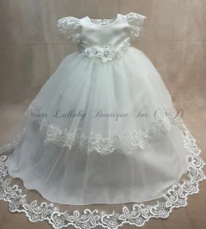 Anneliese  diamond white Christening gown with   tulle two  layered skirt &  lace trime