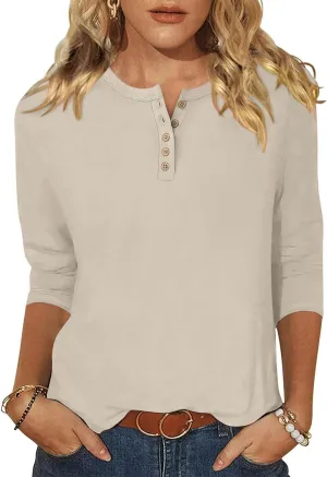 ANRABESS Womens 3/4 Sleeve Tops Henley Shirts Casual Trendy Button T Shirts 2025 Summer Basic Tunic