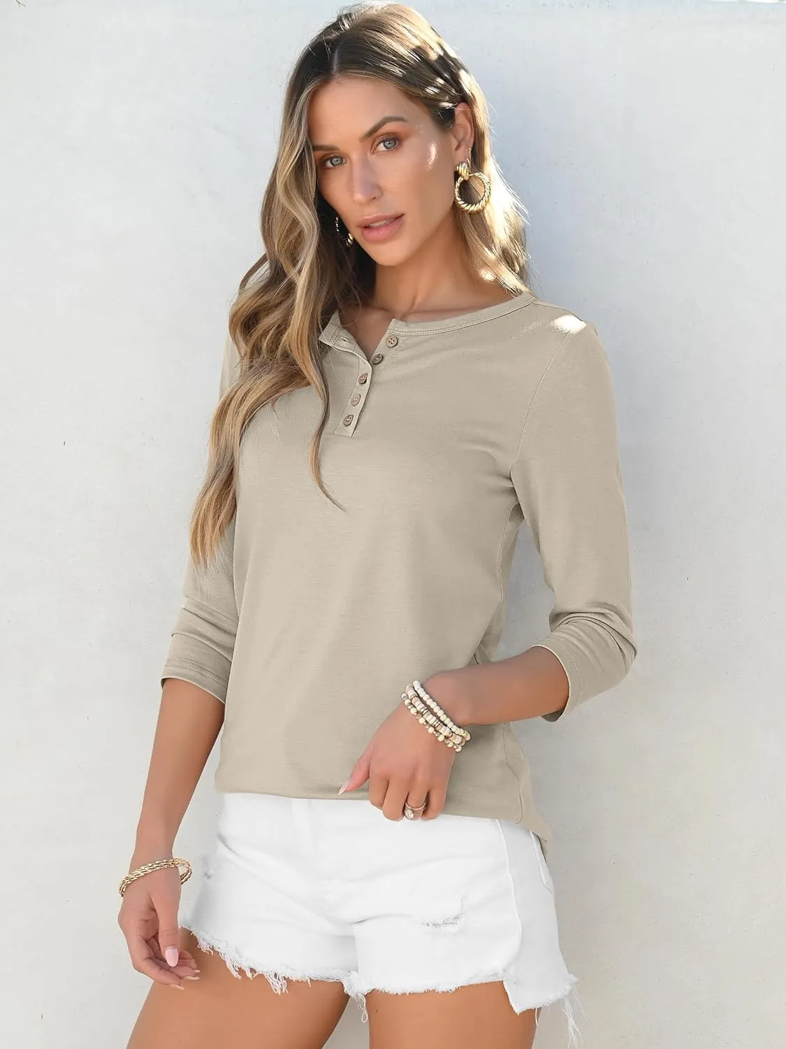 ANRABESS Womens 3/4 Sleeve Tops Henley Shirts Casual Trendy Button T Shirts 2025 Summer Basic Tunic