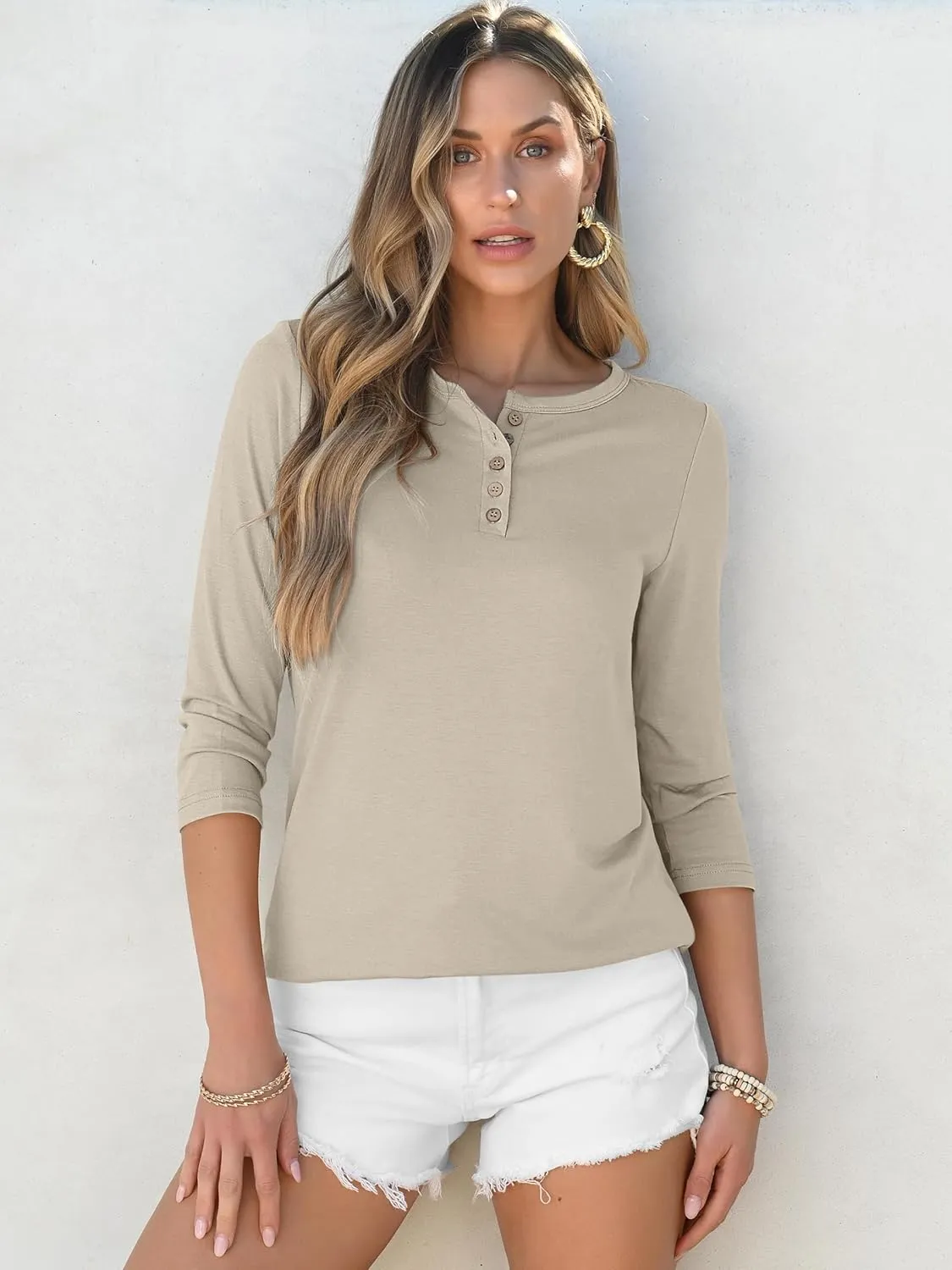 ANRABESS Womens 3/4 Sleeve Tops Henley Shirts Casual Trendy Button T Shirts 2025 Summer Basic Tunic