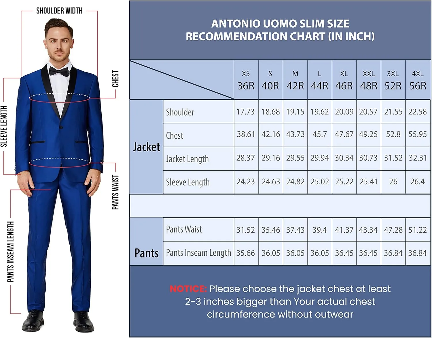 Antonio Uomo Mens Suit Set  Slim Fit 3 Piece Blazer 2 Button Jacket Vest Pants Business Wedding Party Solid Dress Suits