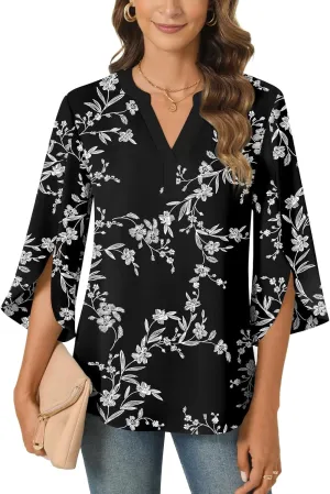 Anyally Women's Chiffon Blouses 3/4 Sleeve Summer Dressy Tunic Tops Casual Loose V Neck T-Shirts