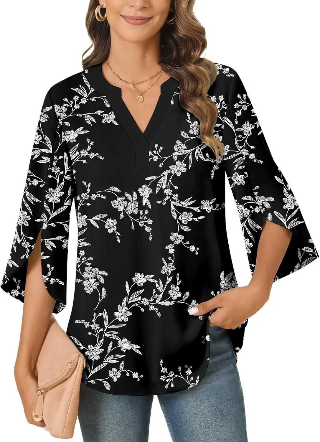 Anyally Women's Chiffon Blouses 3/4 Sleeve Summer Dressy Tunic Tops Casual Loose V Neck T-Shirts