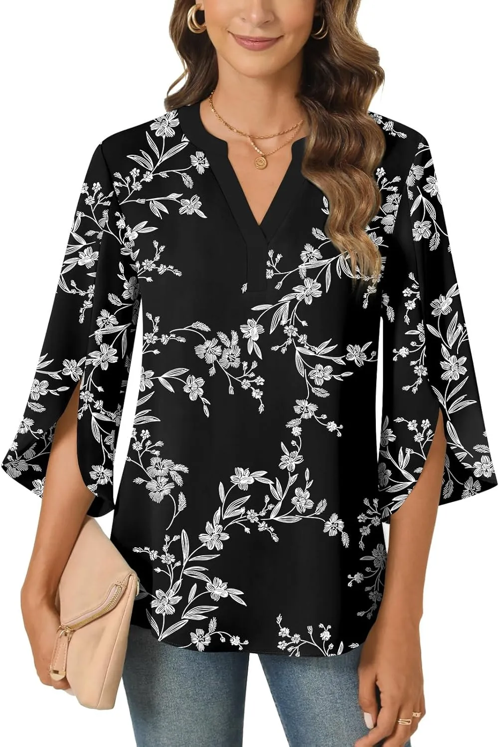 Anyally Women's Chiffon Blouses 3/4 Sleeve Summer Dressy Tunic Tops Casual Loose V Neck T-Shirts