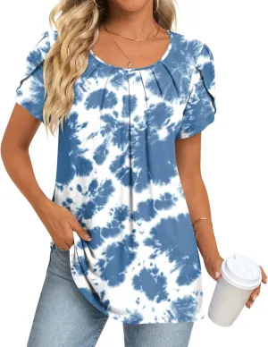 Anymeet Womens Tops 2025 Spring Summer Tunic Short Sleeve Casual Shirts Pleated Blouses for Leggings M-3XL