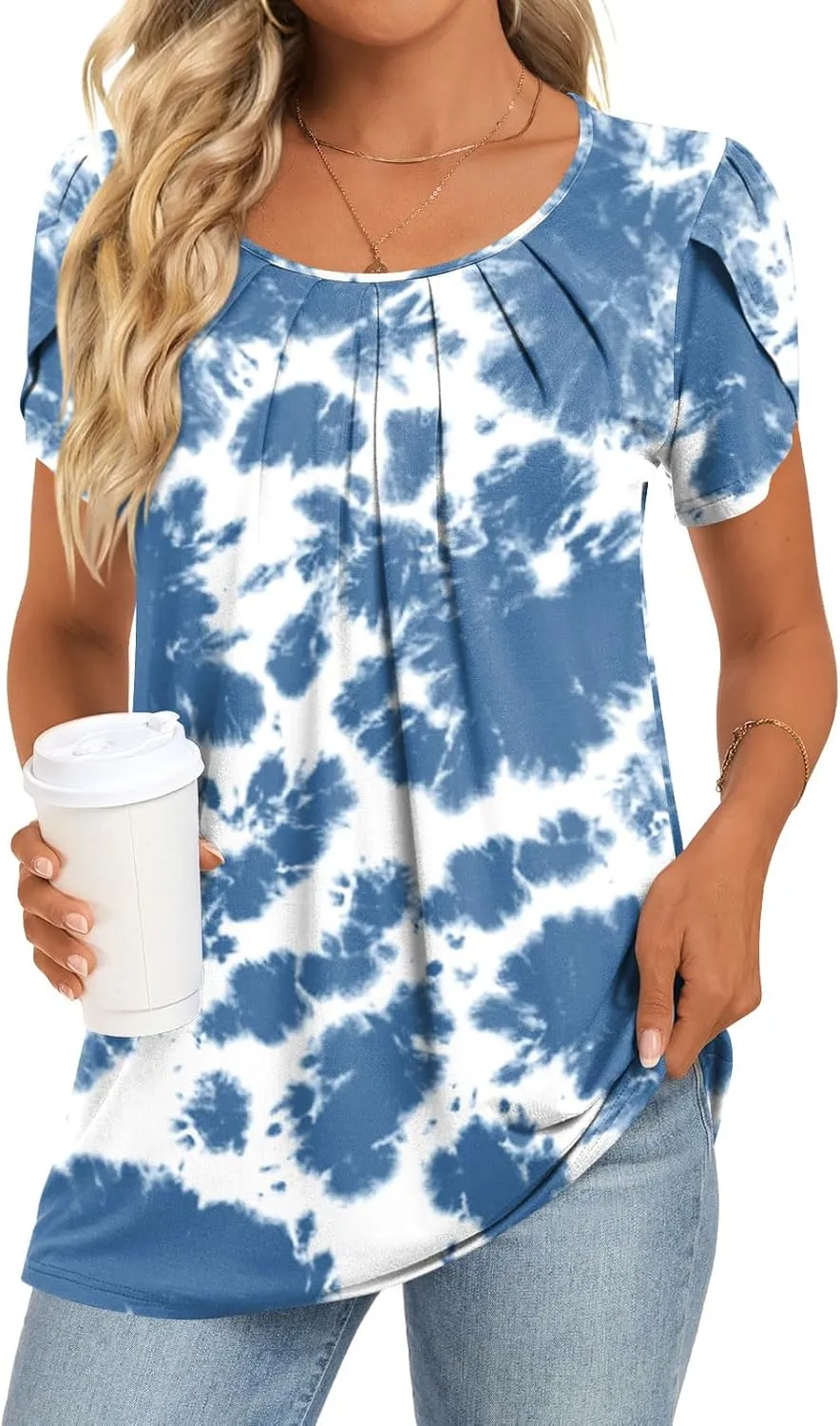 Anymeet Womens Tops 2025 Spring Summer Tunic Short Sleeve Casual Shirts Pleated Blouses for Leggings M-3XL