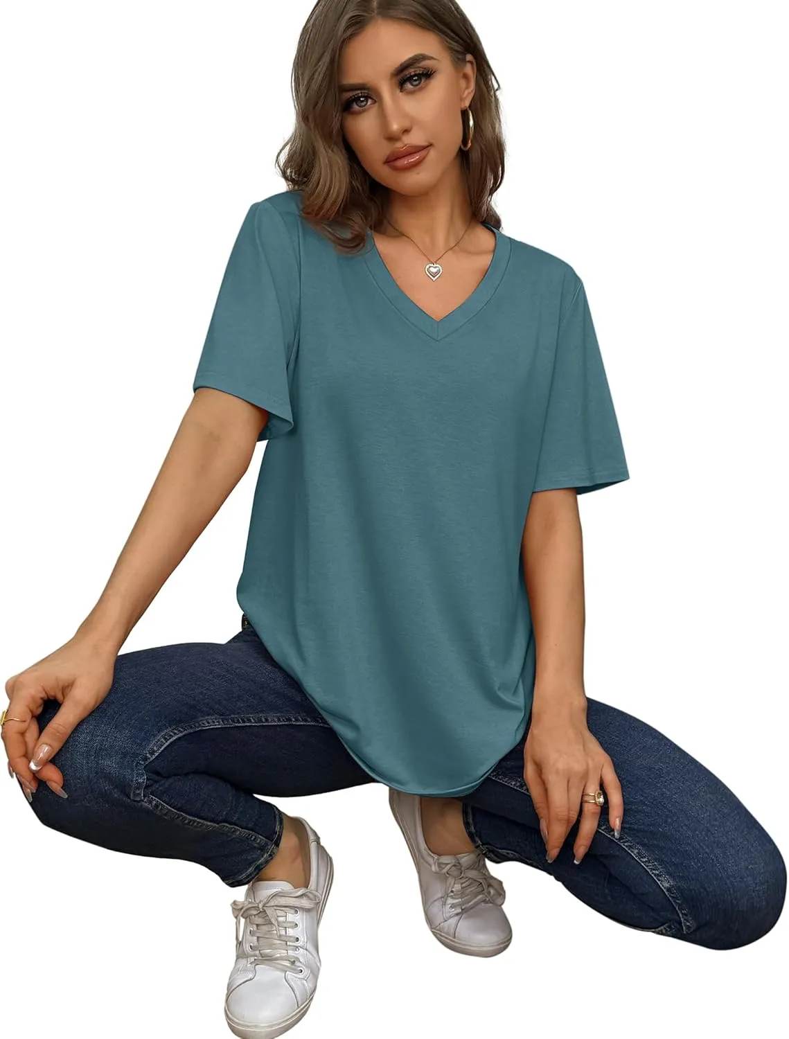 Aokosor Womens V Neck Short Sleeve T Shirts Summer Tops 2025 Casual Loose Tees Trending Now S-4XL