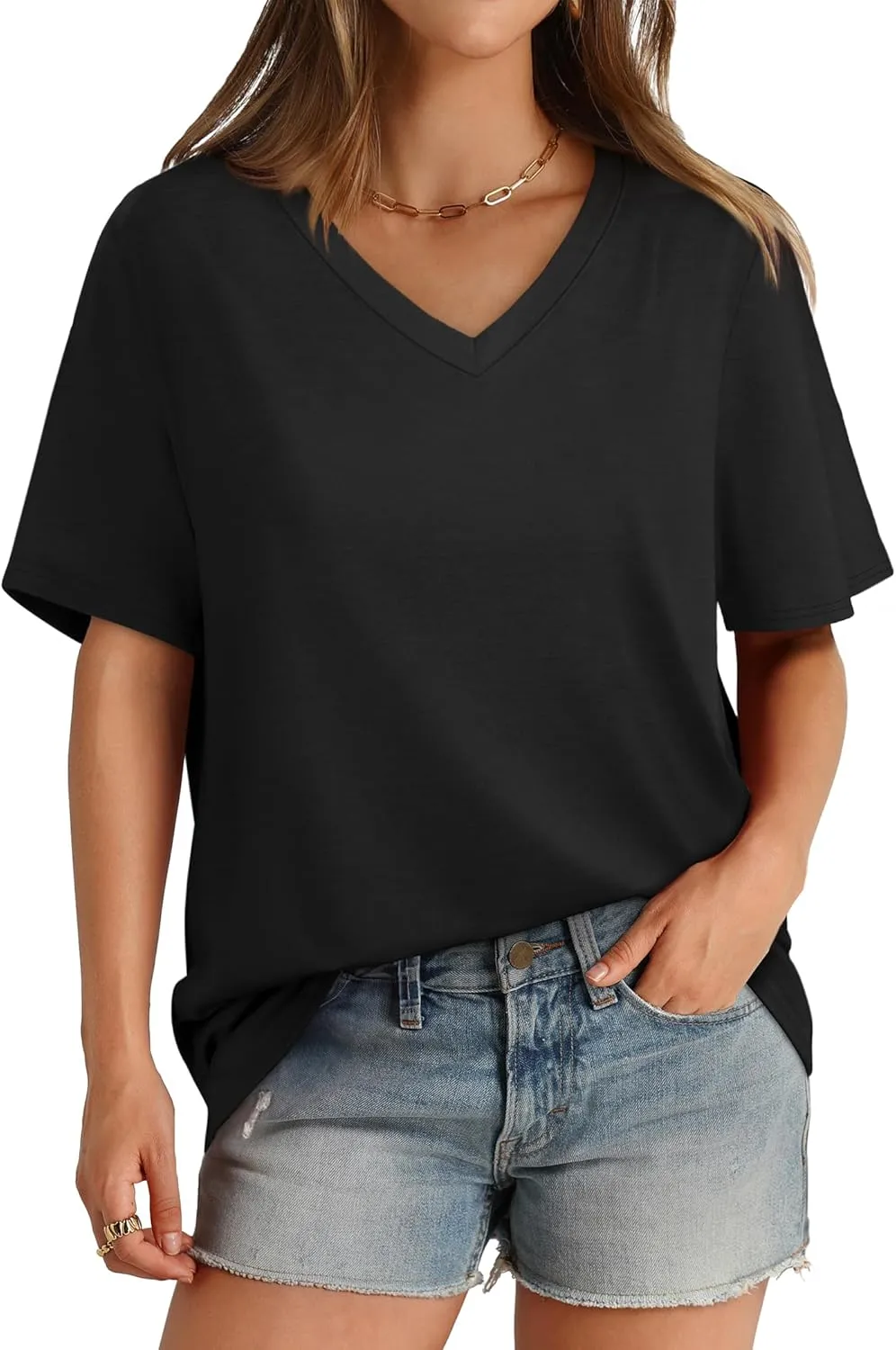 Aokosor Womens V Neck Short Sleeve T Shirts Summer Tops 2025 Casual Loose Tees Trending Now S-4XL