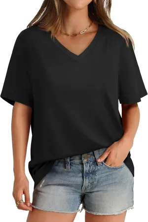 Aokosor Womens V Neck Short Sleeve T Shirts Summer Tops 2025 Casual Loose Tees Trending Now S-4XL