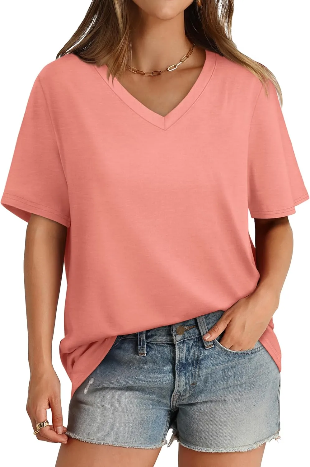 Aokosor Womens V Neck Short Sleeve T Shirts Summer Tops 2025 Casual Loose Tees Trending Now S-4XL