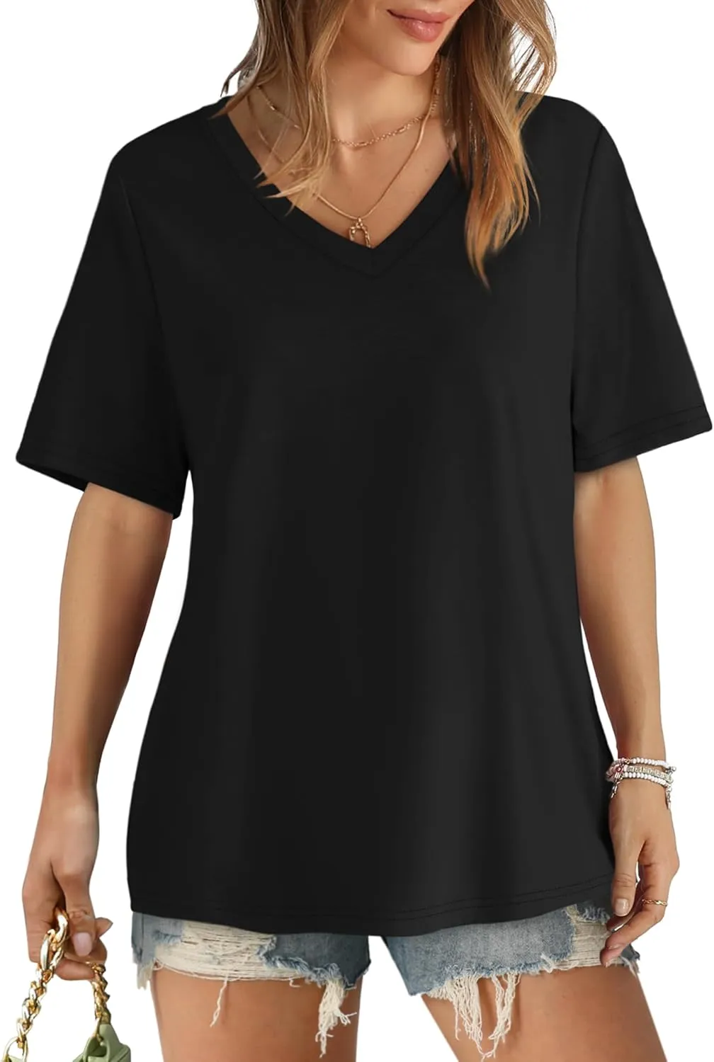 Aokosor Womens V Neck Short Sleeve T Shirts Summer Tops 2025 Casual Loose Tees Trending Now S-4XL