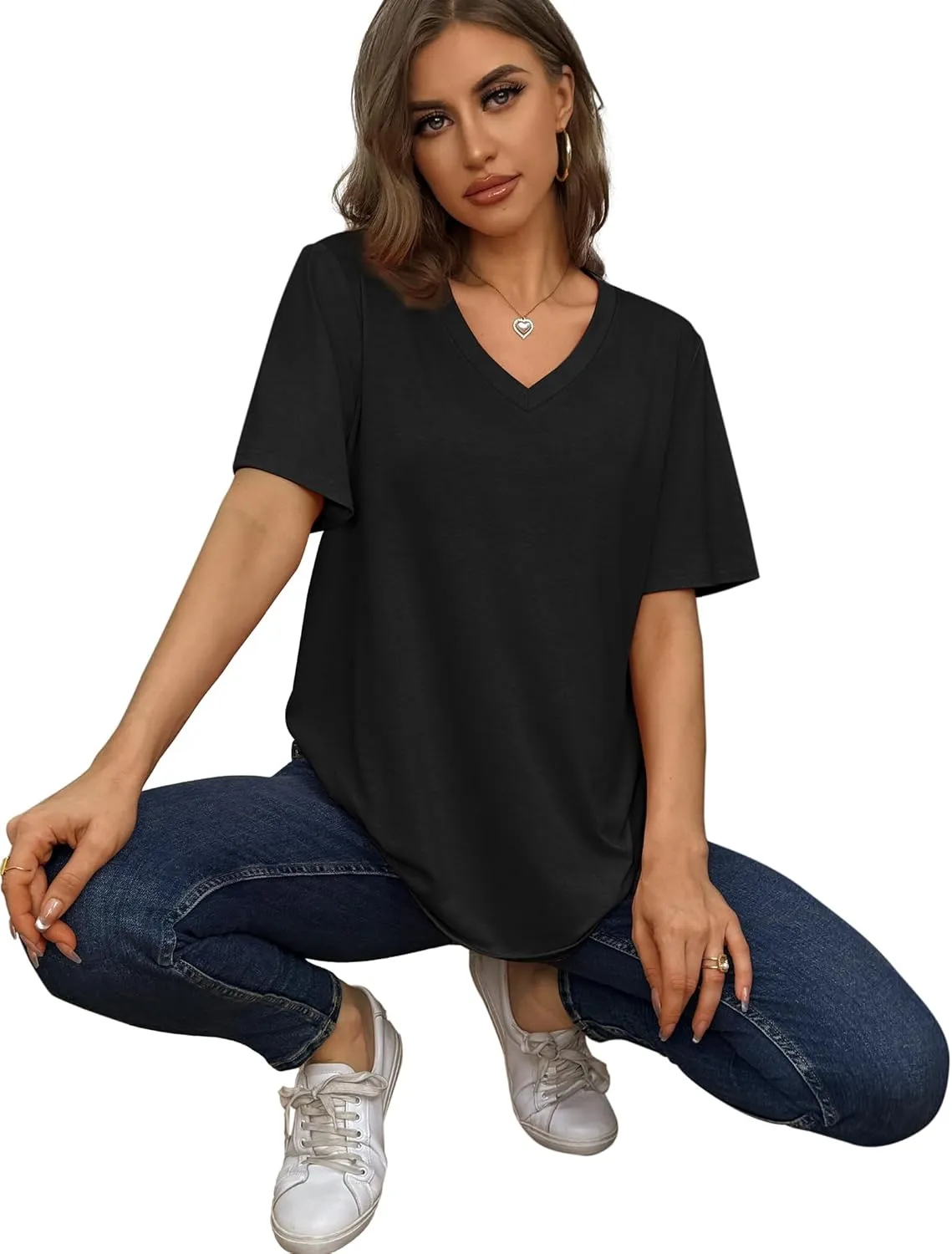 Aokosor Womens V Neck Short Sleeve T Shirts Summer Tops 2025 Casual Loose Tees Trending Now S-4XL