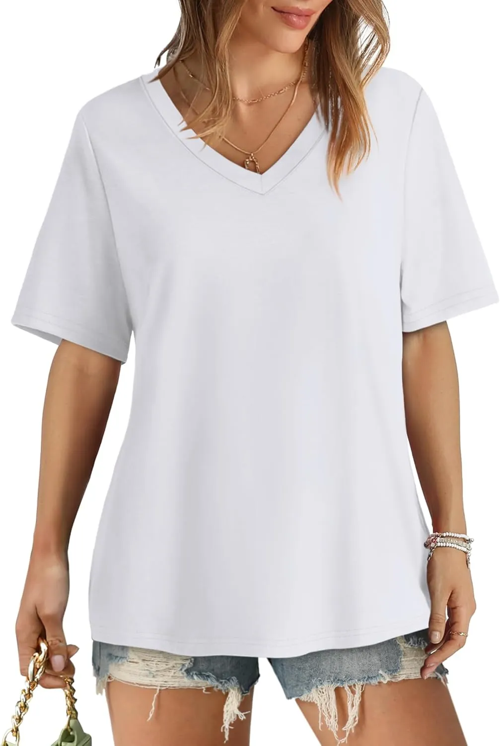 Aokosor Womens V Neck Short Sleeve T Shirts Summer Tops 2025 Casual Loose Tees Trending Now S-4XL