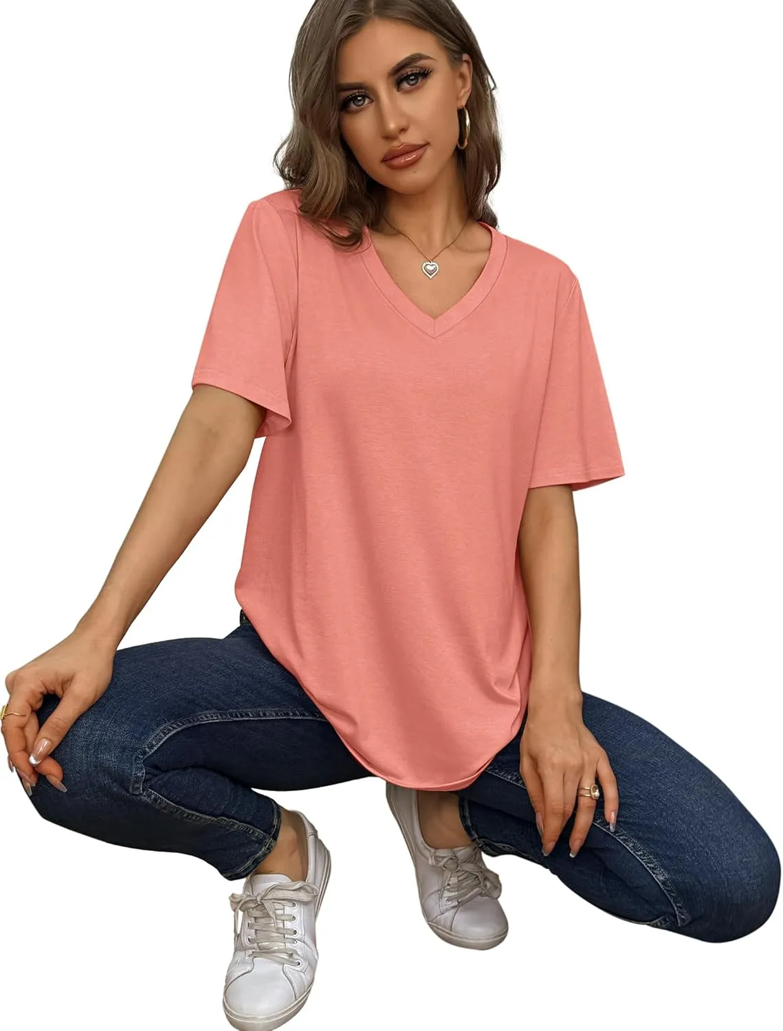 Aokosor Womens V Neck Short Sleeve T Shirts Summer Tops 2025 Casual Loose Tees Trending Now S-4XL