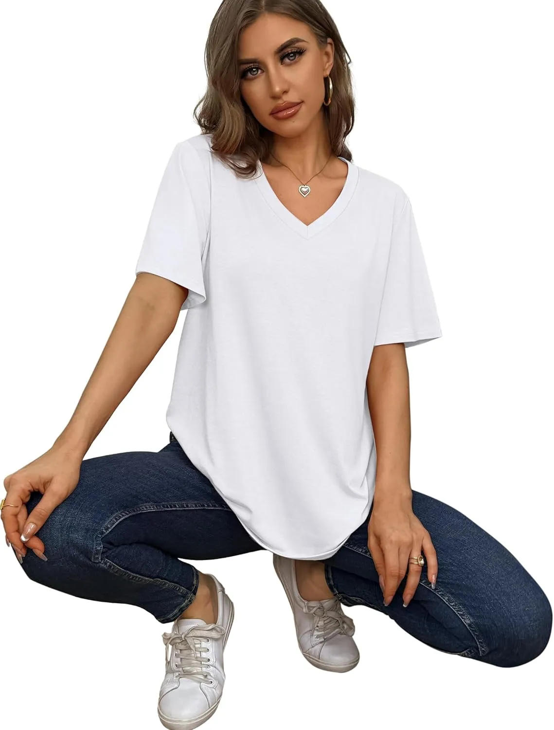 Aokosor Womens V Neck Short Sleeve T Shirts Summer Tops 2025 Casual Loose Tees Trending Now S-4XL