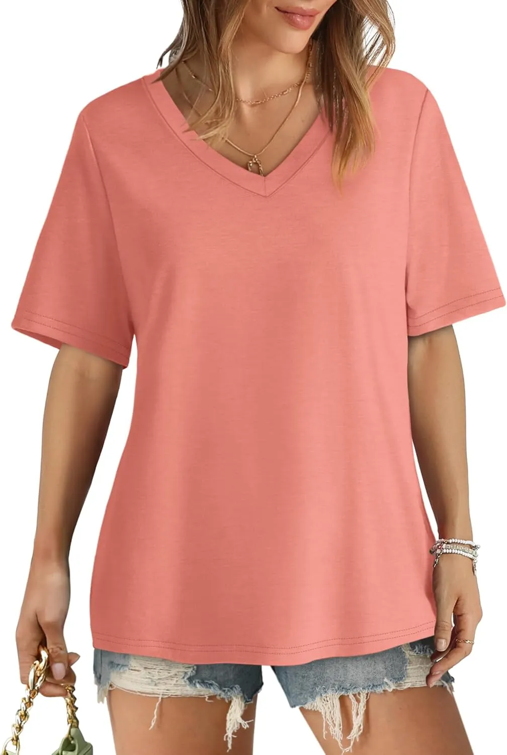 Aokosor Womens V Neck Short Sleeve T Shirts Summer Tops 2025 Casual Loose Tees Trending Now S-4XL
