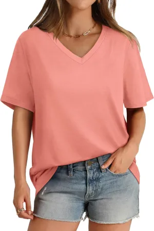 Aokosor Womens V Neck Short Sleeve T Shirts Summer Tops 2025 Casual Loose Tees Trending Now S-4XL