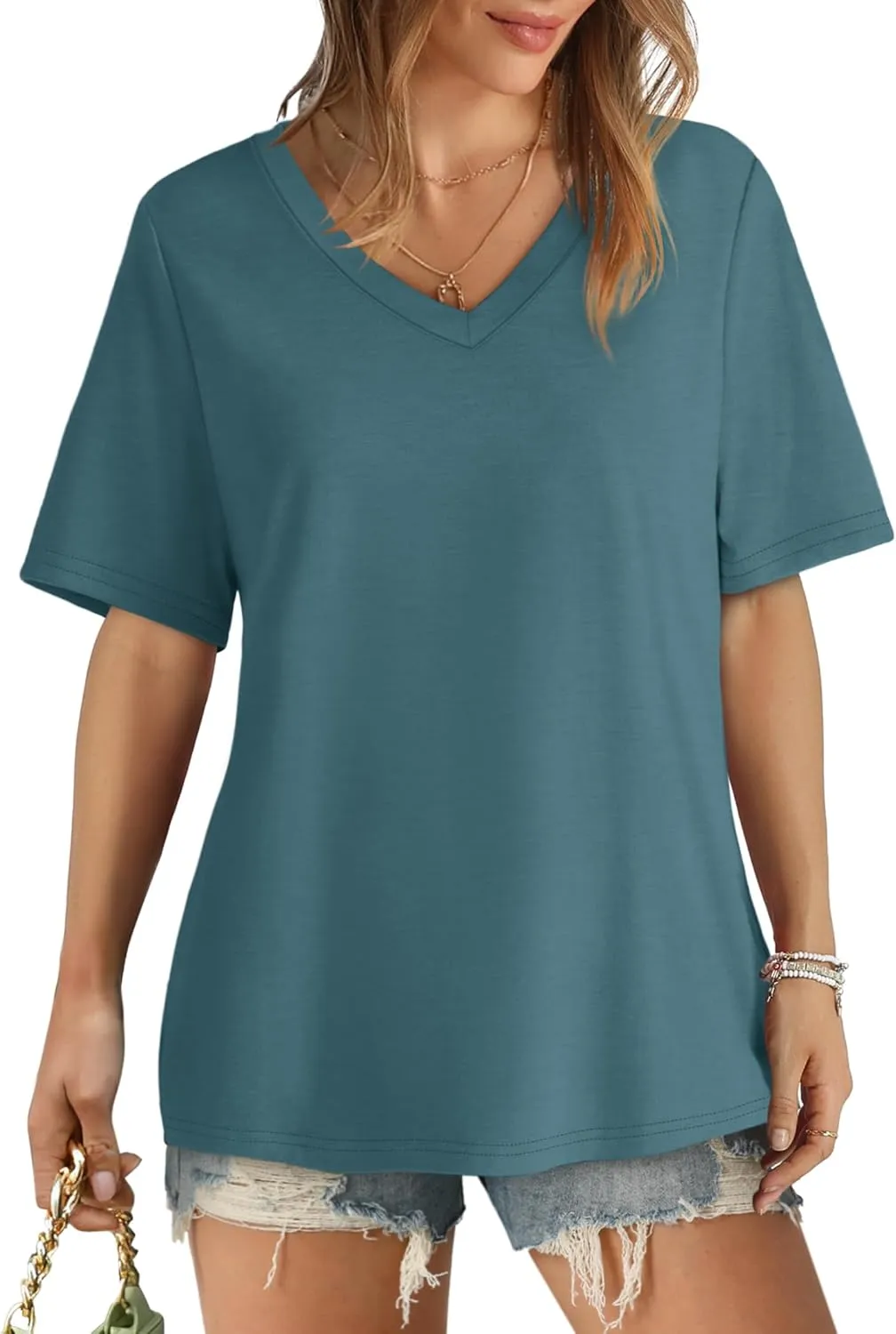 Aokosor Womens V Neck Short Sleeve T Shirts Summer Tops 2025 Casual Loose Tees Trending Now S-4XL