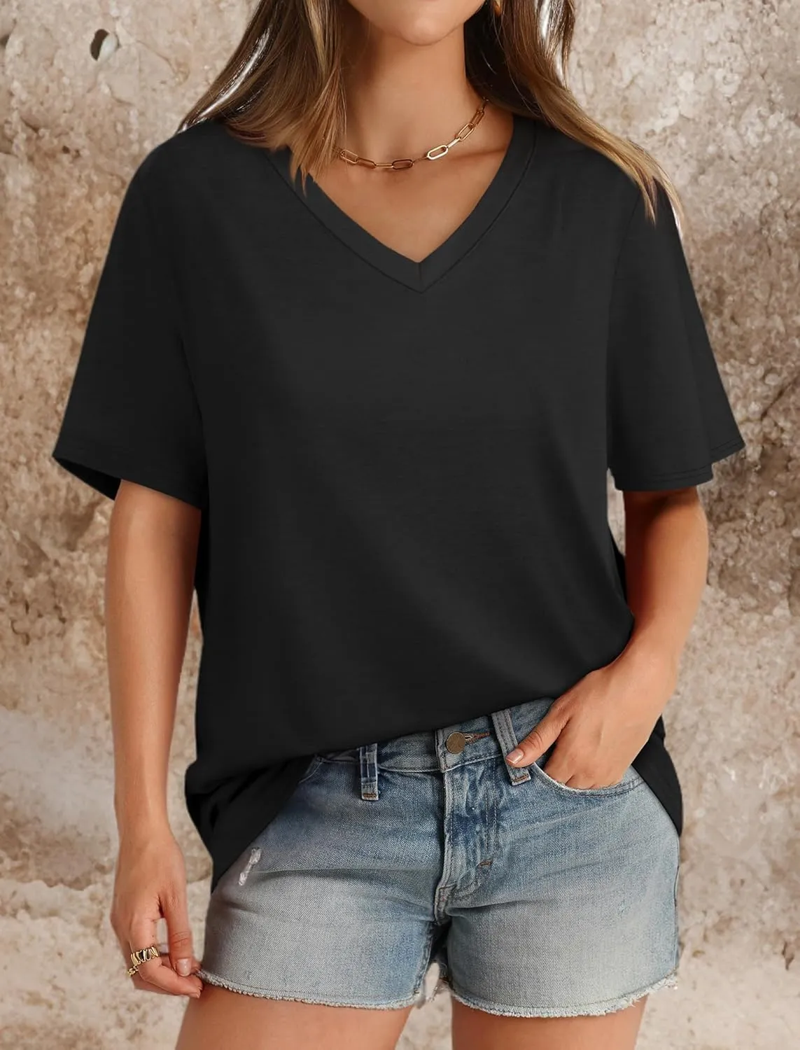 Aokosor Womens V Neck Short Sleeve T Shirts Summer Tops 2025 Casual Loose Tees Trending Now S-4XL