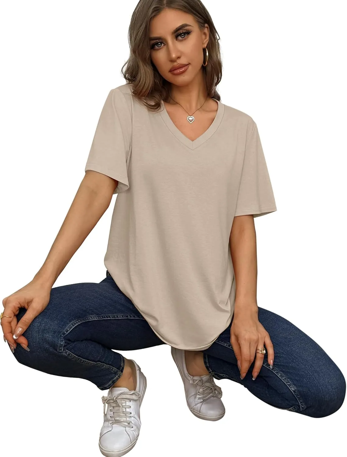 Aokosor Womens V Neck Short Sleeve T Shirts Summer Tops 2025 Casual Loose Tees Trending Now S-4XL