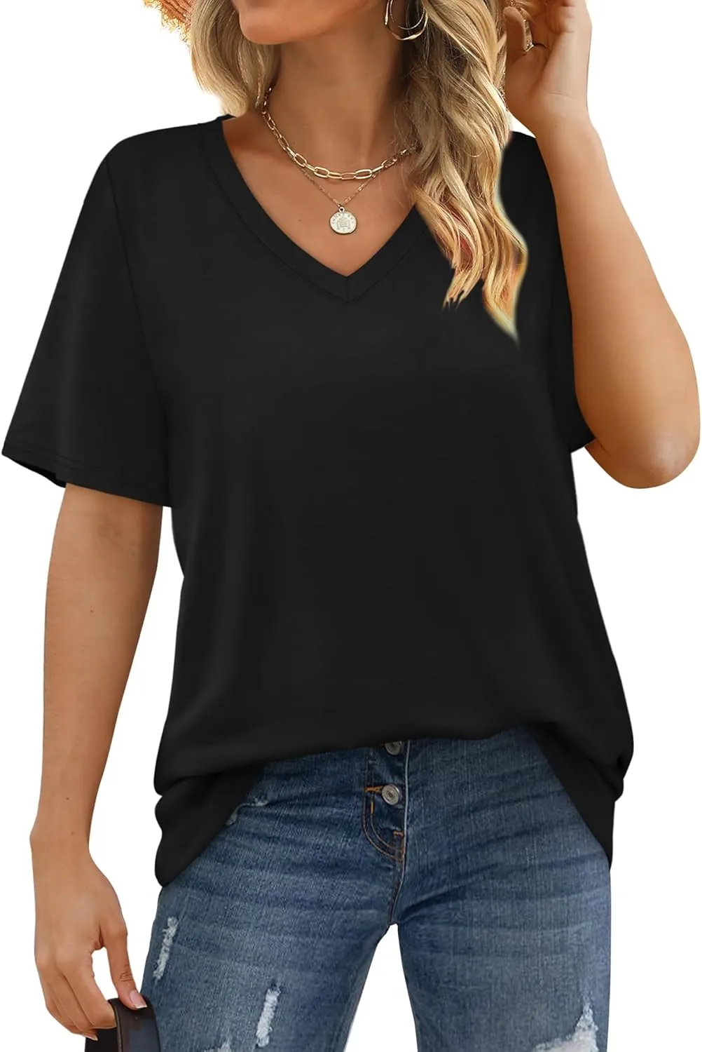 Aokosor Womens V Neck Short Sleeve T Shirts Summer Tops 2025 Casual Loose Tees Trending Now S-4XL