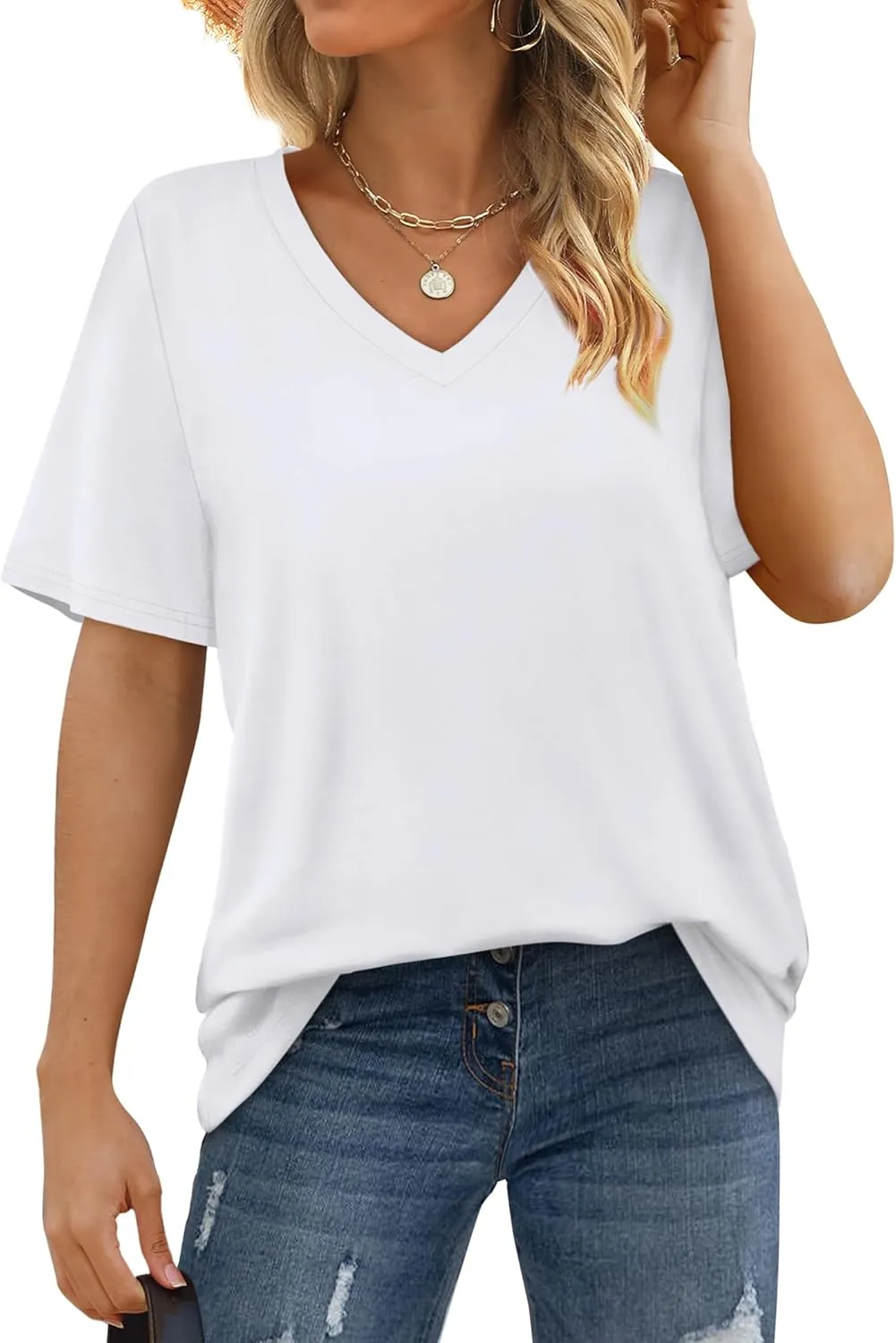 Aokosor Womens V Neck Short Sleeve T Shirts Summer Tops 2025 Casual Loose Tees Trending Now S-4XL
