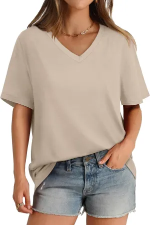 Aokosor Womens V Neck Short Sleeve T Shirts Summer Tops 2025 Casual Loose Tees Trending Now S-4XL