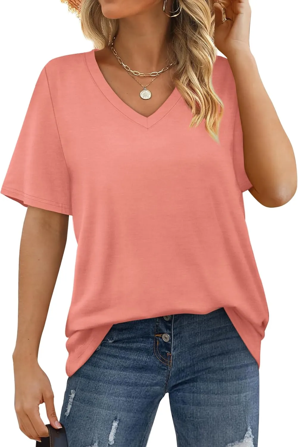 Aokosor Womens V Neck Short Sleeve T Shirts Summer Tops 2025 Casual Loose Tees Trending Now S-4XL