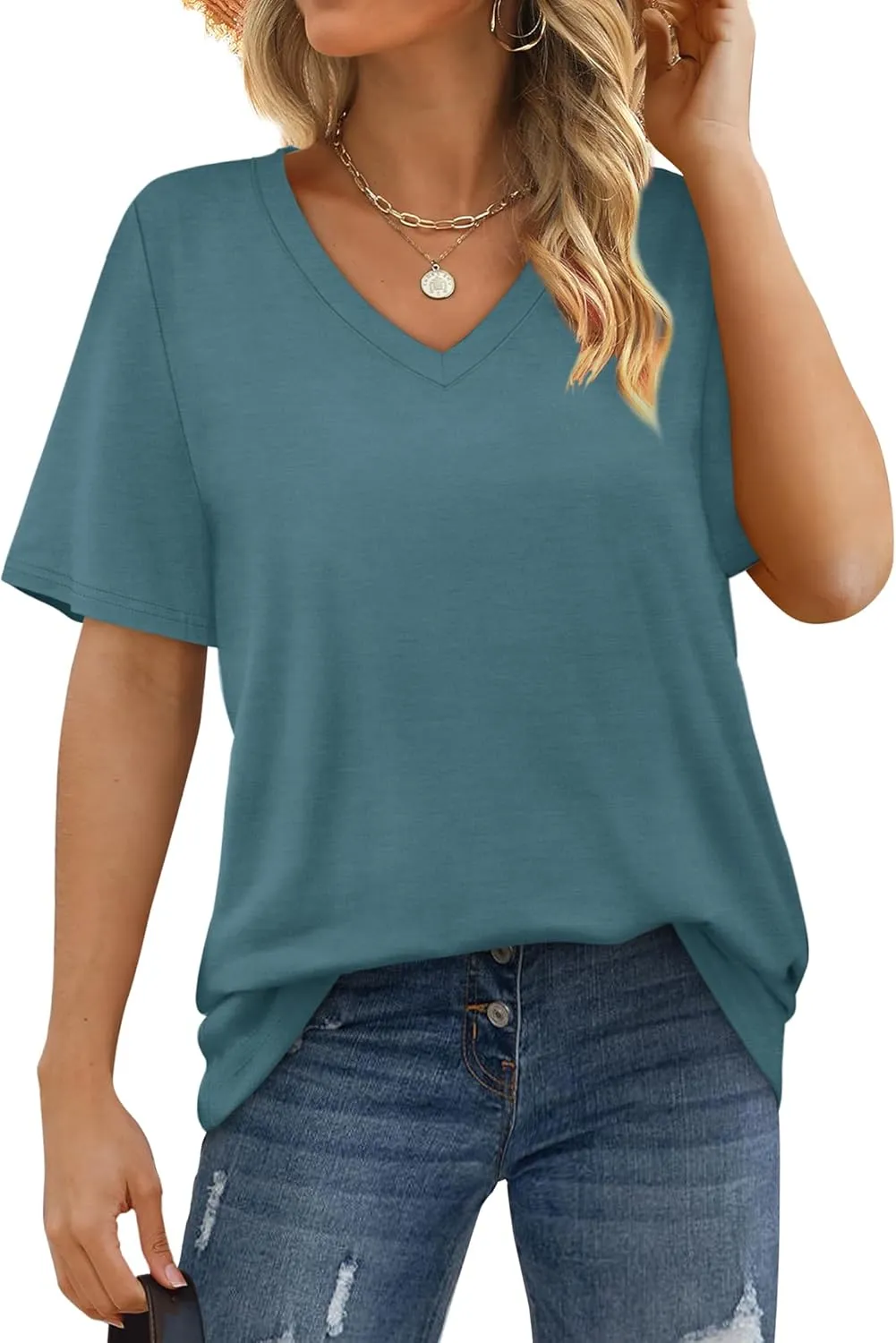 Aokosor Womens V Neck Short Sleeve T Shirts Summer Tops 2025 Casual Loose Tees Trending Now S-4XL